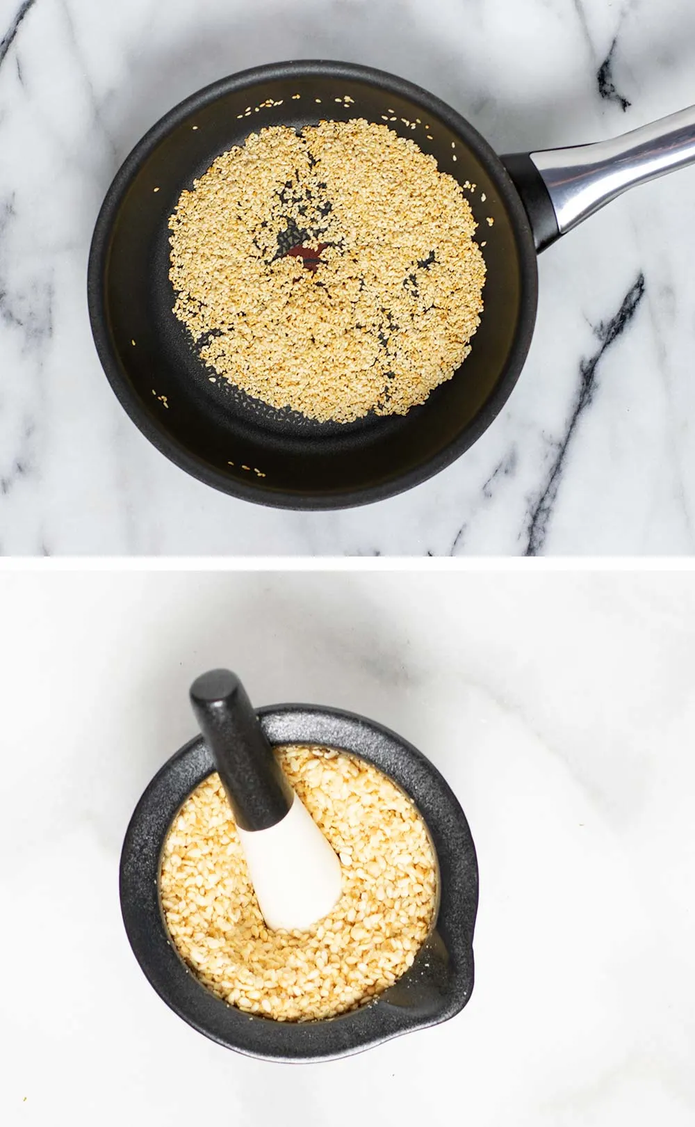 Showing how sesame is roasted in a pan and then crushed in a grinder.