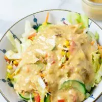 A large bowl of a mixed salad covered in the Roasted Sesame Dressing.