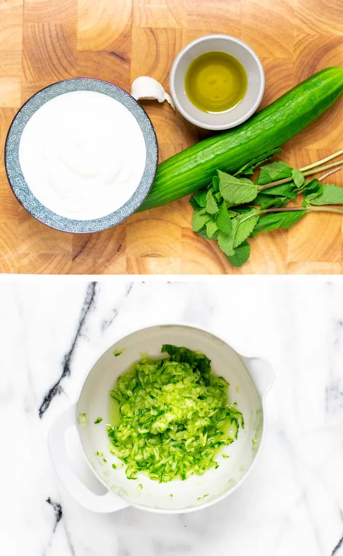 Ingredients needed to make this Tzatziki Sauce assembled on a wooden board.