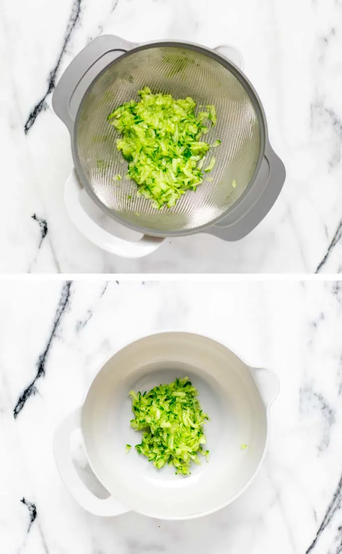 Side by side showing the grated cucumbers before and after draining excess liquid.