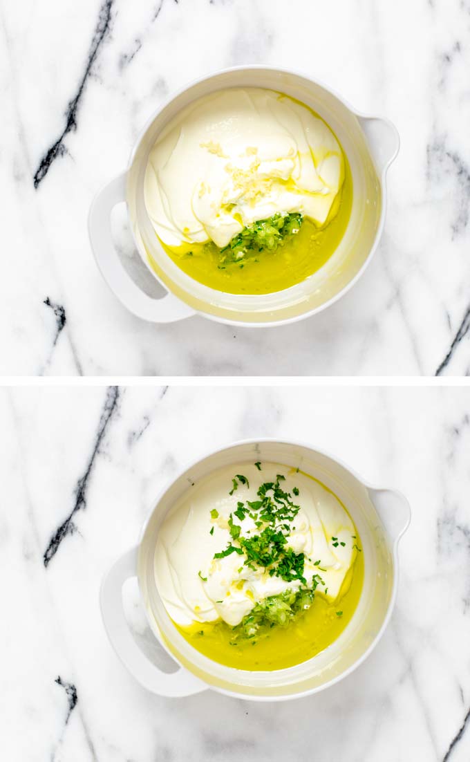 Mixing bowl with the ingredients of the Tzatziki Sauce.