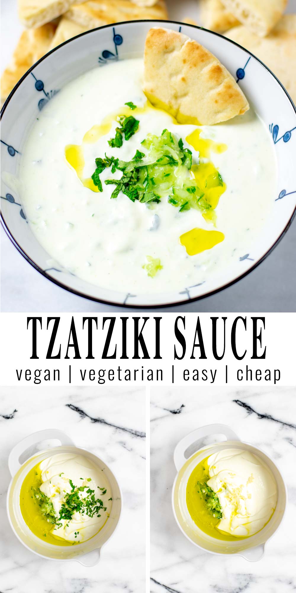 Collage of two pictures of the Tzatziki Sauce with recipe title text.