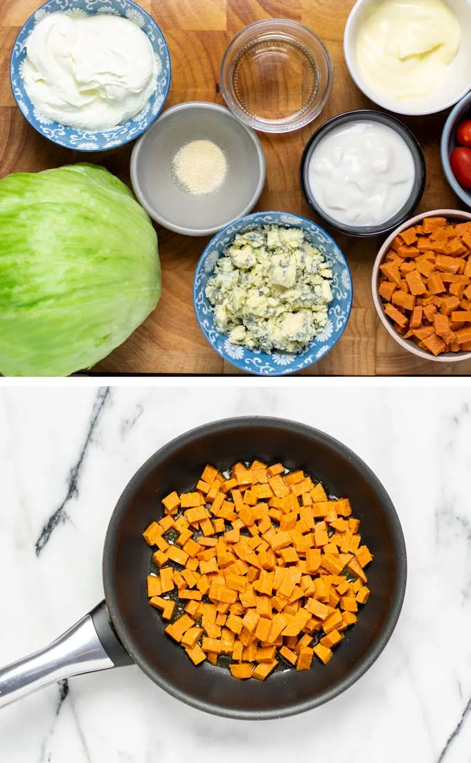 Ingredients needed to make the Wedge Salad assembled on a wooden board.