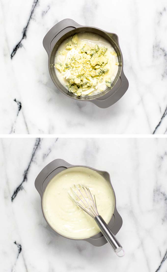 Before and after views of making the vegan Blue Cheese Dressing in a small mixing bowl.