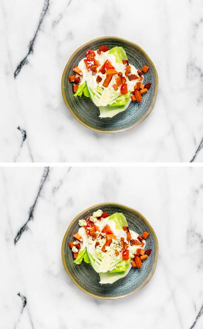 Step by step view on how the Wedge Salad is assembled on a small plate.