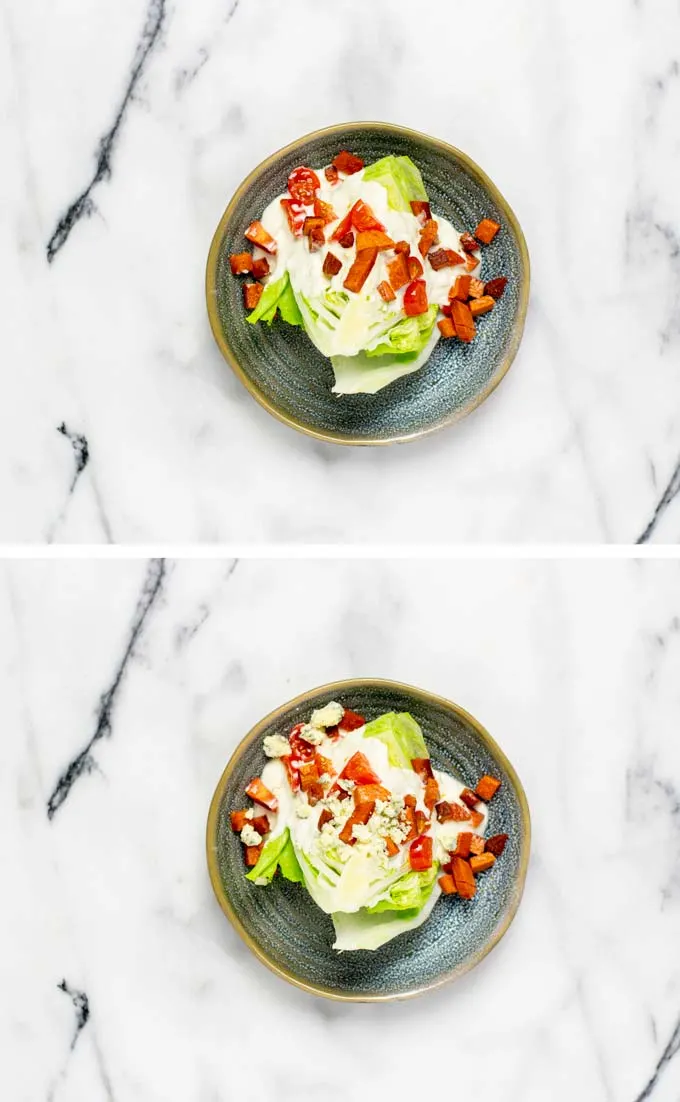 Step by step view on how the Wedge Salad is assembled on a small plate.