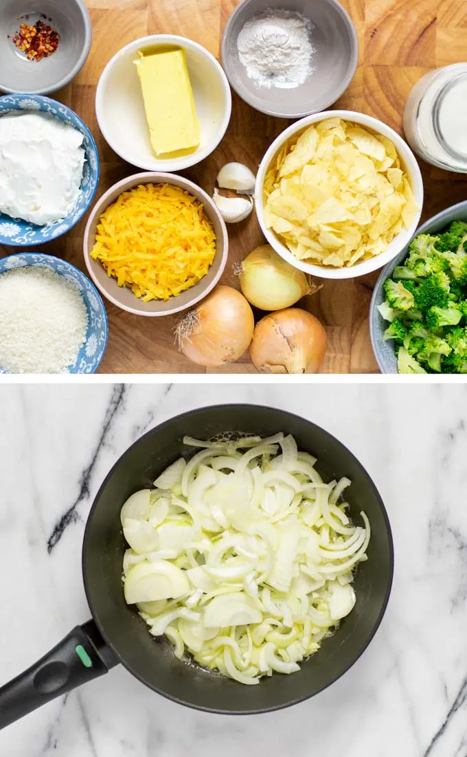 Ingredients needed for making this Broccoli Bake are collected in small containers on a wooden board.