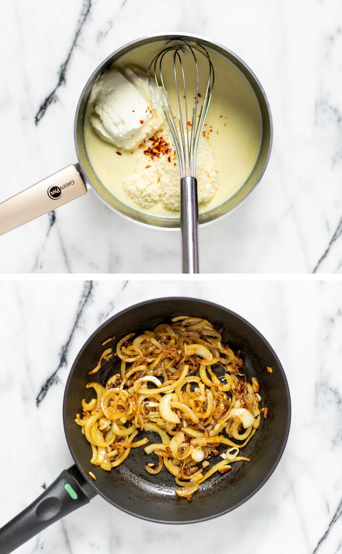 Shows how the white sauce for the casserole is made and how onion rings are fried in a frying pan until golden brown.