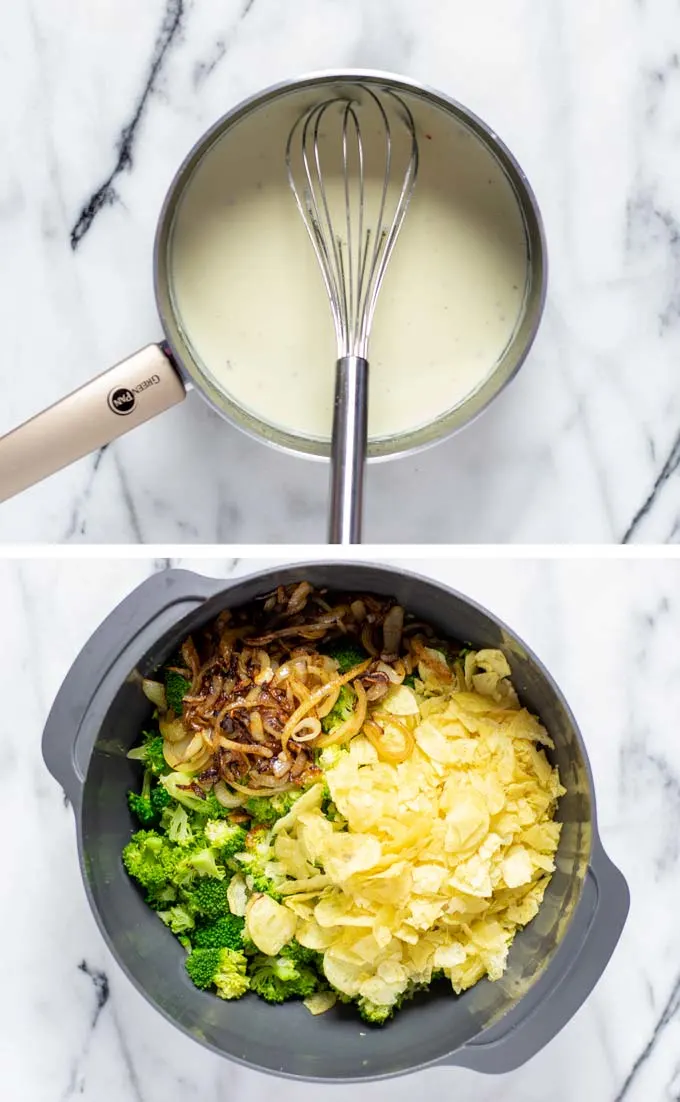 Picture of the ready white cheesy sauce and a large mixing bowl with the hard ingredients for the Broccoli Bake.