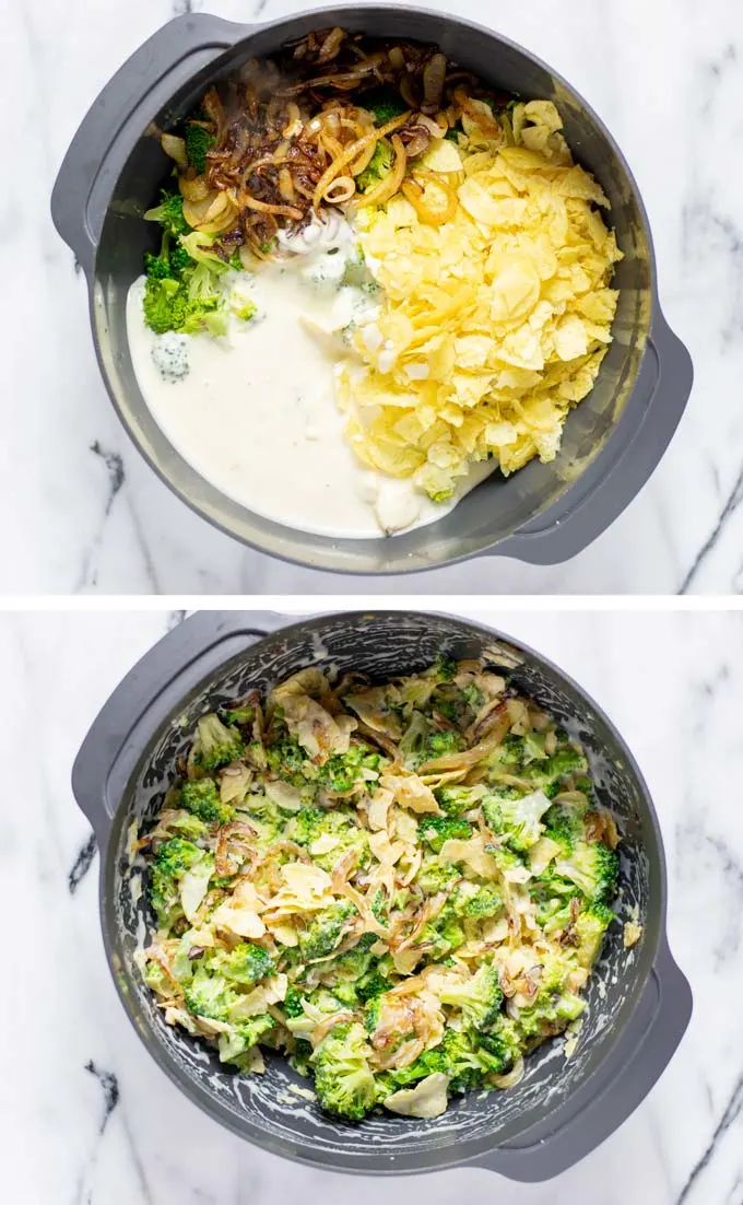 Showing how the white sauce is given to the mixing bowl with the other ingredients and mixed.