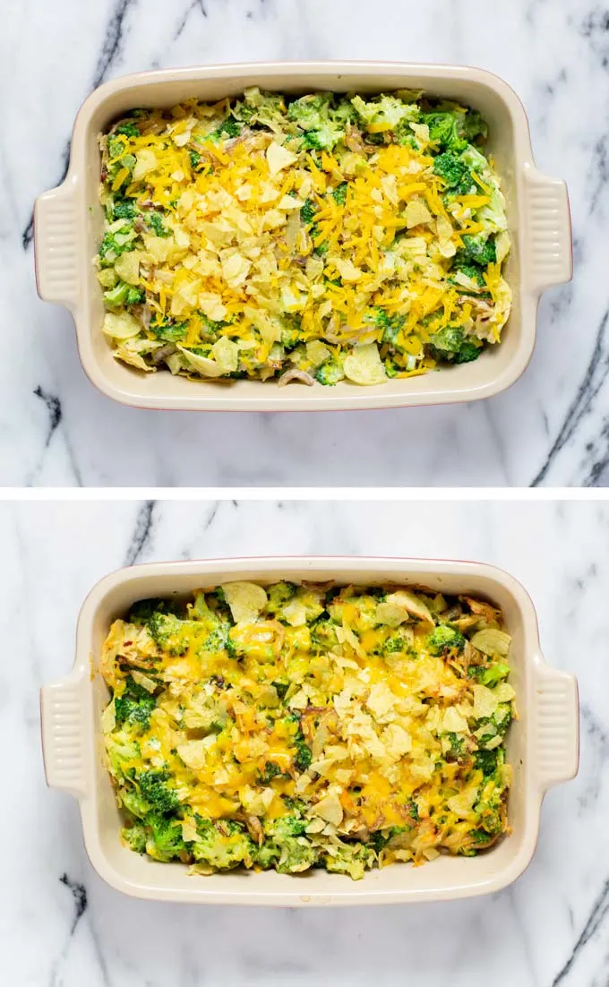 View of a casserole dish with the Broccoli Bake before and after baking in the oven.