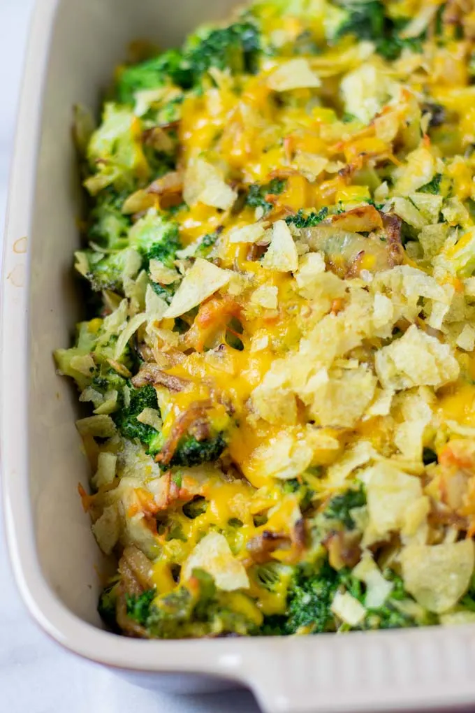 Closeup of the Broccoli Bake in the casserole dish.