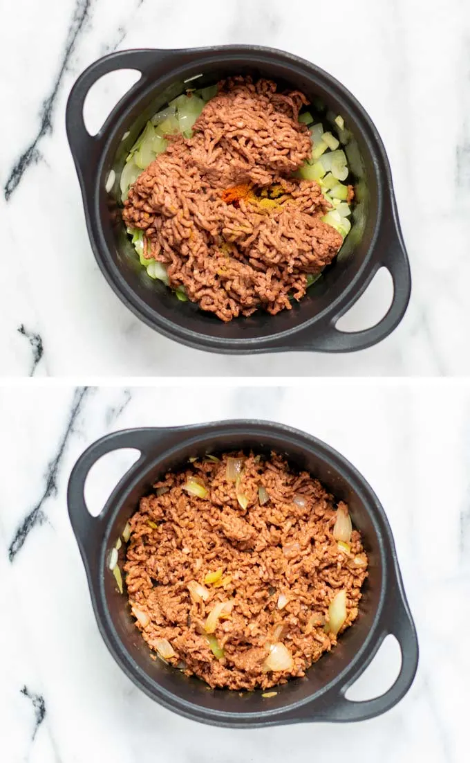 Step by step view showing vegan ground beef being fried with onions and garlic.