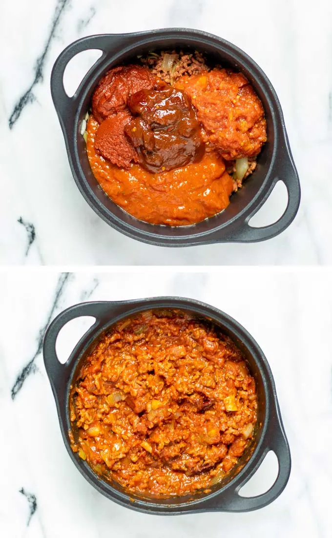 Showing how chipotle peppers, tomato sauce and tomato paste are mixed with vegan ground beef.