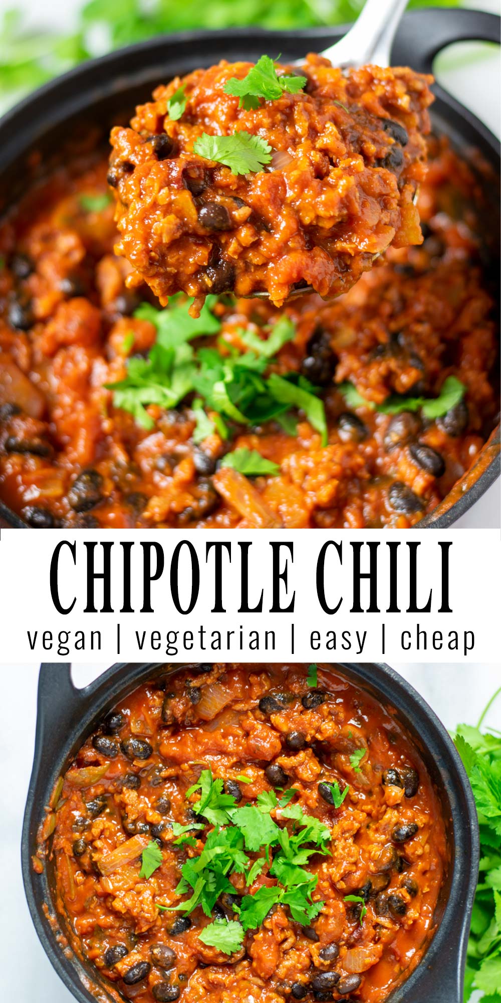 Collage of two pictures of the Chipotle Chili with recipe title text.