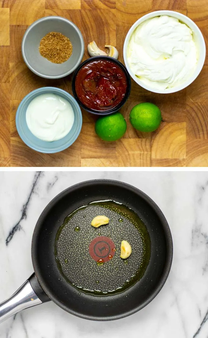 Ingredients needed to make this simple homemade Chipotle Sauce collected on a wooden board.