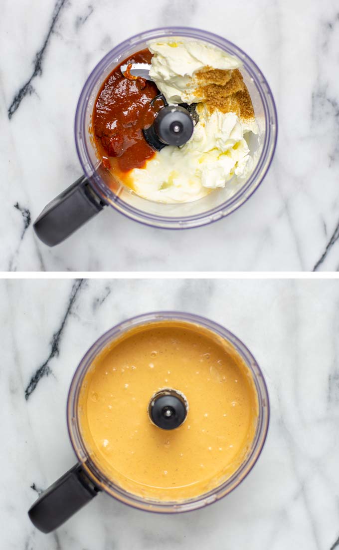Before and after view of hot to make the Chipotle Sauce in a food processor.