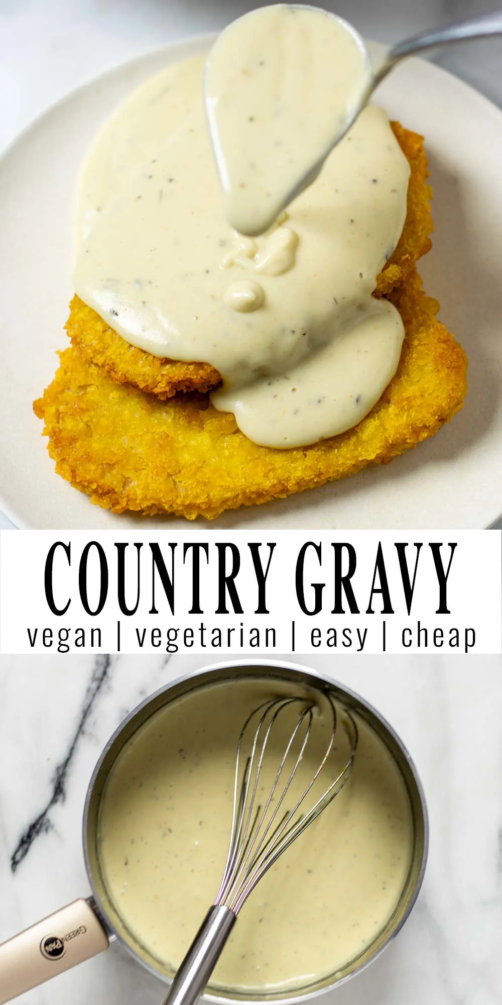 Collage of two pictures of the Country Gravy with recipe title text.