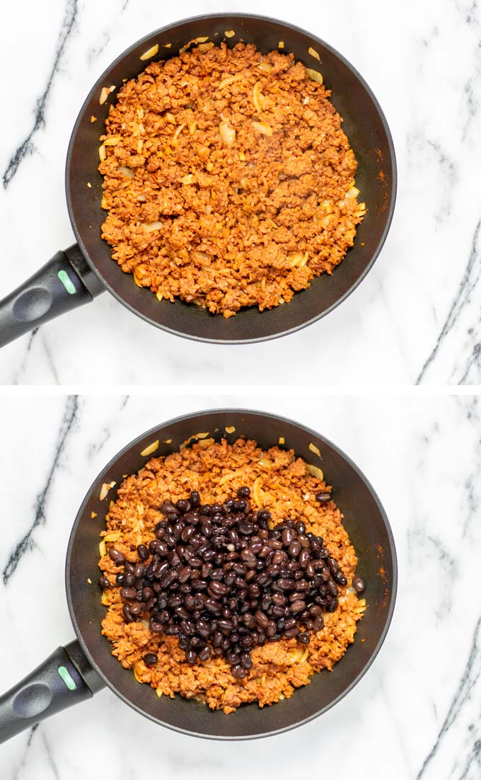 Step by step view of taco meat and black beans being prepared in a small frying pan.