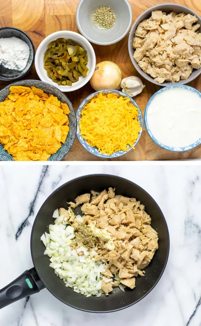 Ingredients needed for making this Nacho Chicken recipe assembled in small bowls on a wooden board.
