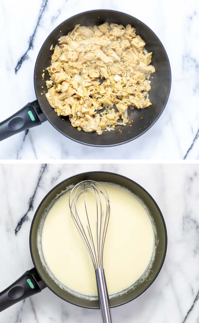 Two pictures showing the pre-fried chicken stripes and the base white sauce.