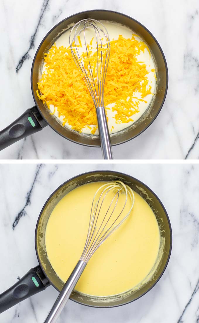 Showing how vegan cheddar is mixed with the white sauce to make a cheese sauce.