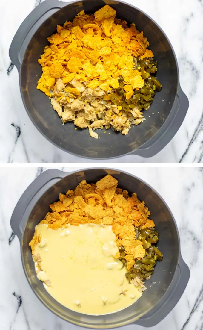 In a large bowl, fired chicken, jalapeños, and crushed nachos as mixed with the cheese sauce.