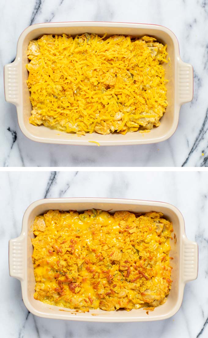 Showing a casserole dish with the Nacho Chicken before and after baking in the oven.
