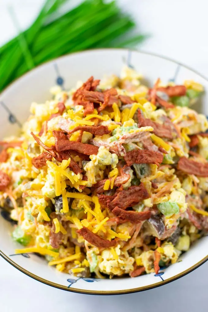 Large serving bowl full with the Popcorn Salad.