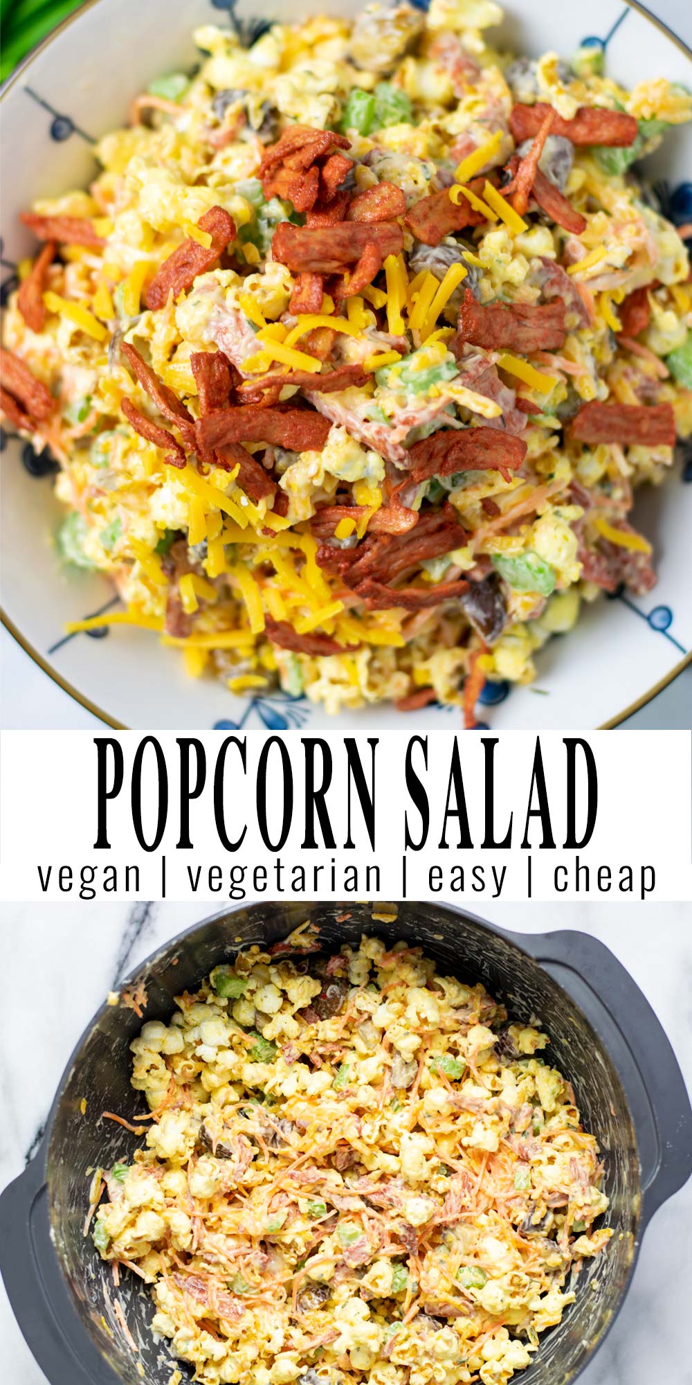 Collage of two pictures of the Popcorn Salad with recipe title text.