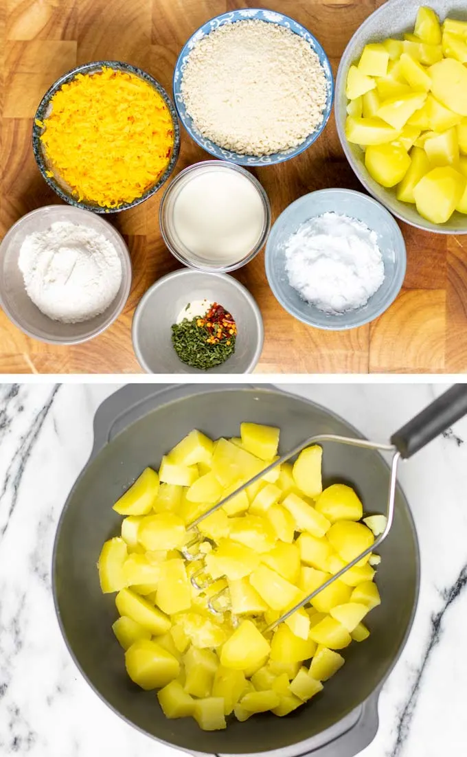 Ingredients needed to make the Potato Cheese Balls are assembled on a wooden board.