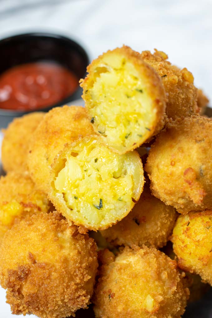 Closeup of an opened Potato Cheese Ball.