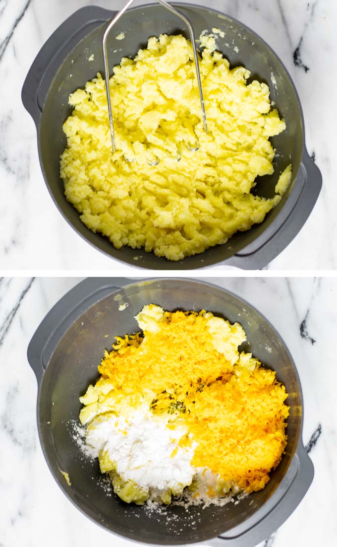 Showing how mashed potatoes are mixed with vegan cheese, starch, and spices to make the ball mixture.