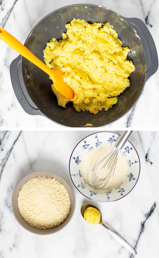 A milk-and-flour batter and breadcrumbs are prepared in two bowls.