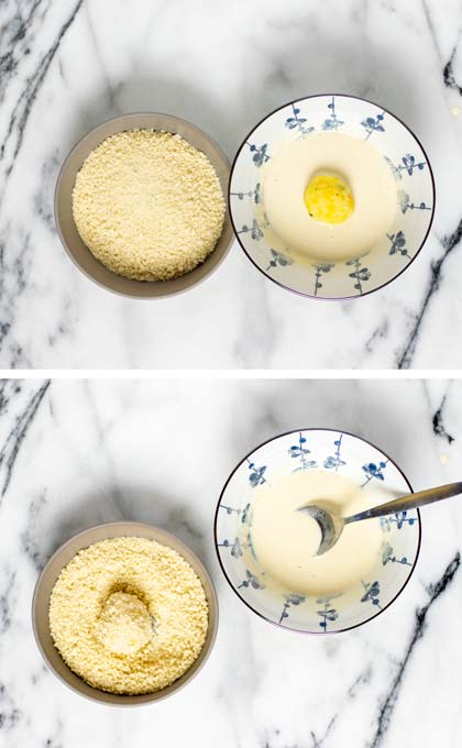 Showing how the rolled Potato Cheese Balls are first coated in batter, then rolled in breadcrumbs.