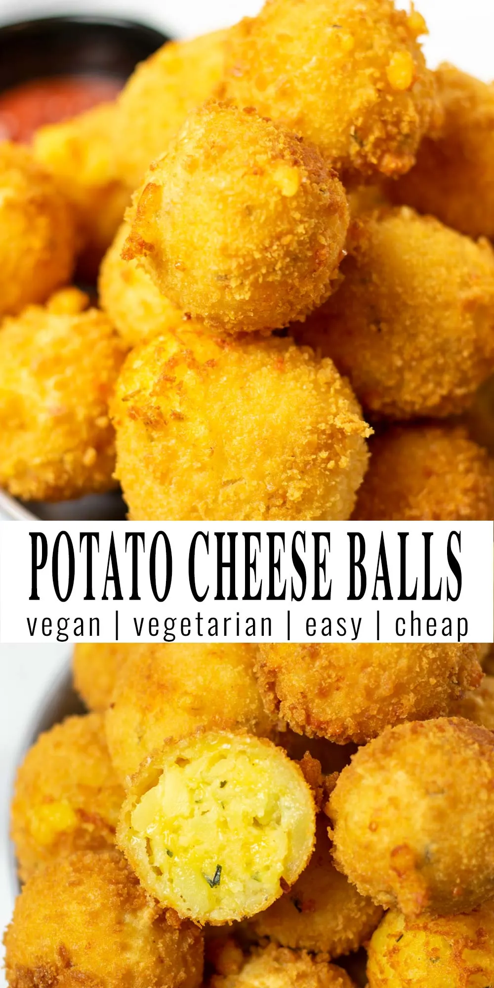 Collage of two pictures of the Potato Cheese Balls with recipe title text.