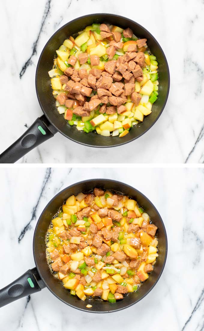 Before and after view of frying the apple, vegan sausage, celery and onions.