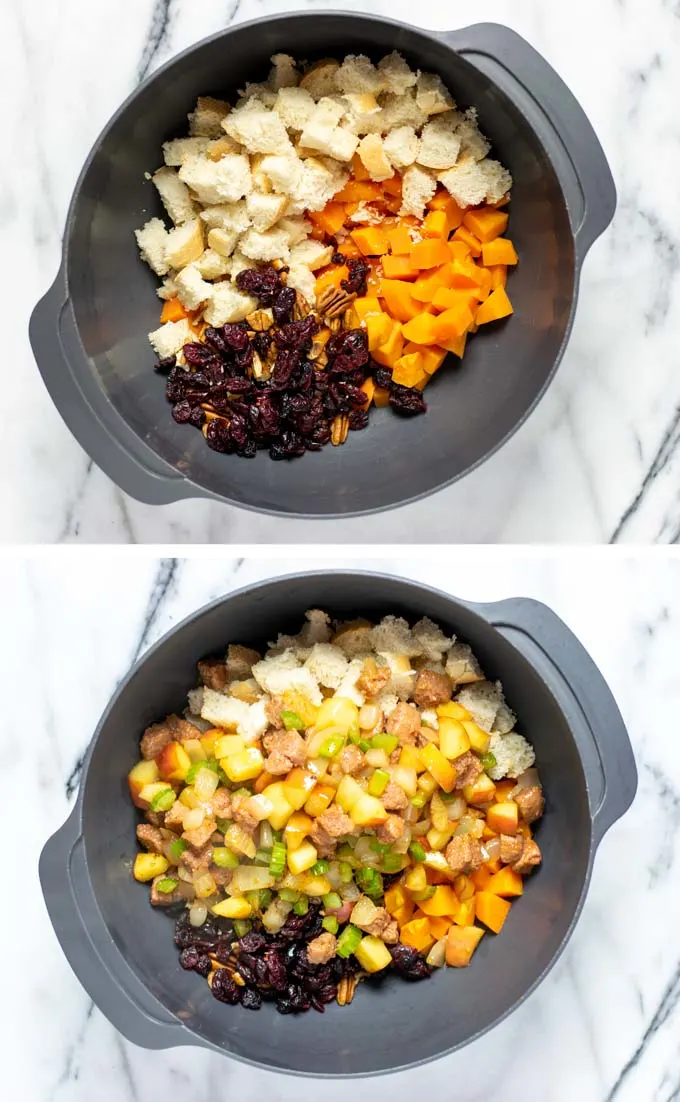 Showing how all the ingredients for the Sweet Potato Stuffing are mixed in a large mixing bowl.