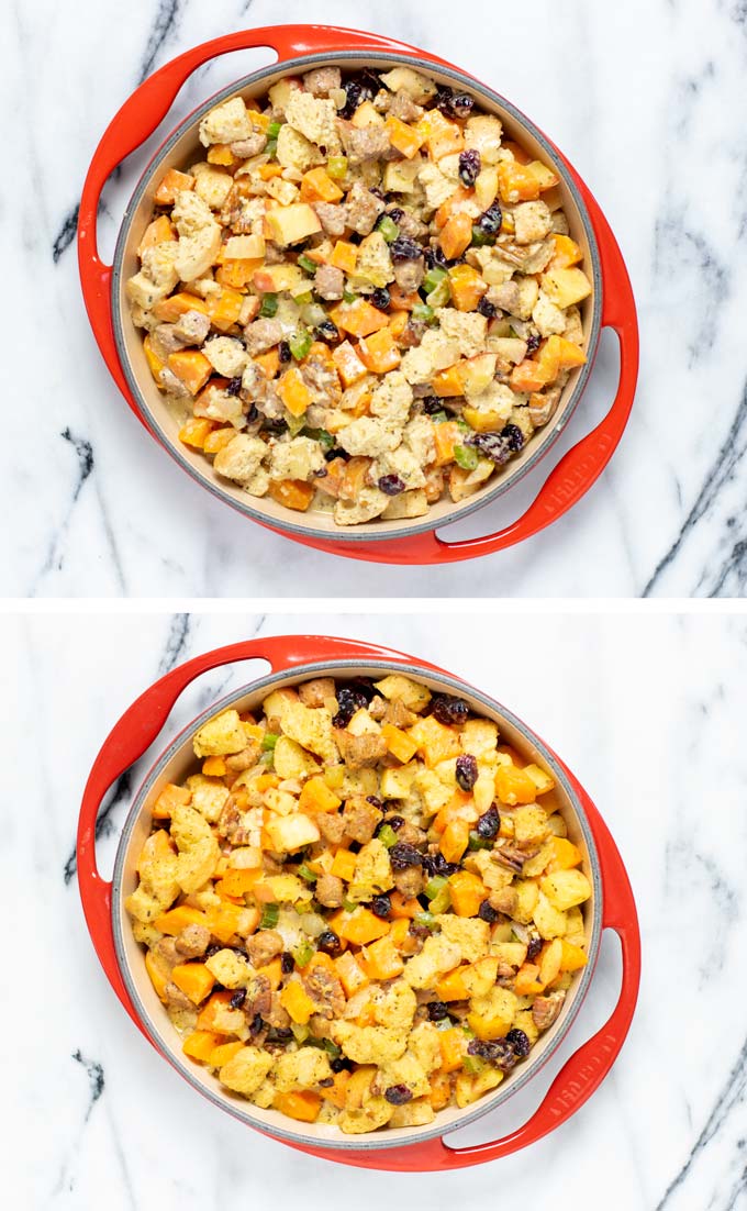 The Sweet Potato Stuffing is transferred to a baking dish and baked.