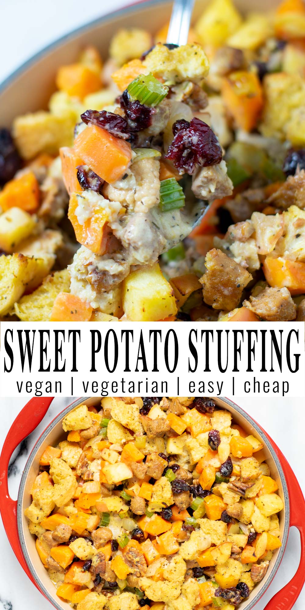 Collage of two pictures of the Sweet Potato Stuffing with recipe title text.