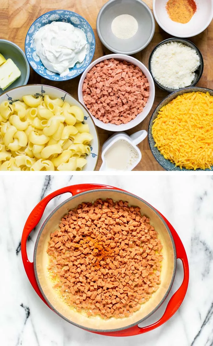 Ingredients needed to make this Bacon Mac and Cheese assembled on a wooden board.