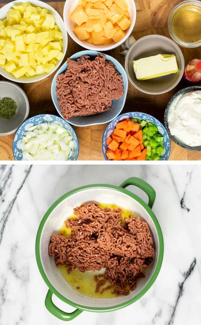 Ingredients for the Cheeseburger Soup are assembled on a wooden board.