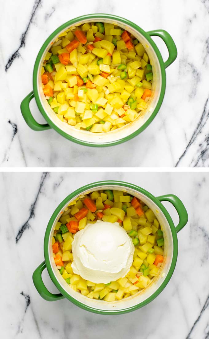 Showing how vegetable broth and sour cream are added to a pot with vegetable ingredients.