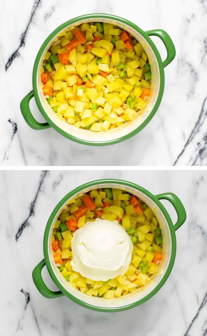 Showing how vegetable broth and sour cream are added to a pot with vegetable ingredients.