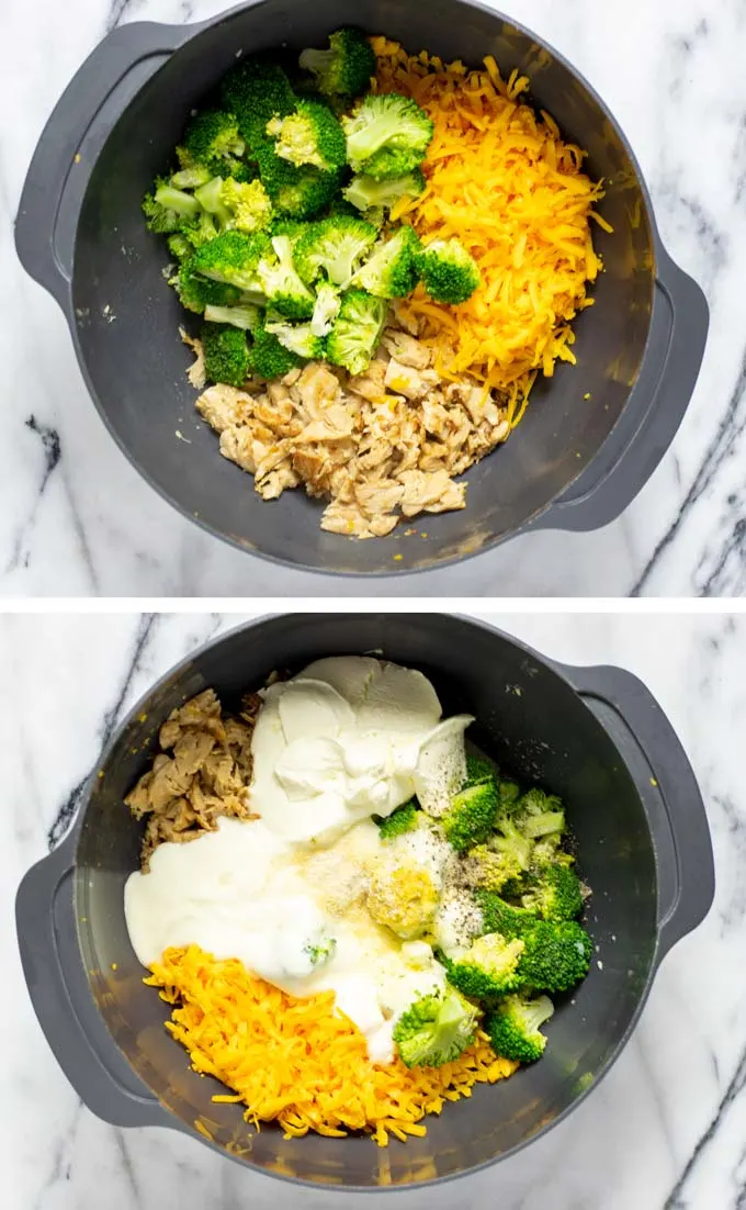 Two views of a large mixing bowl, showing how the dry and liquid ingredients are added.