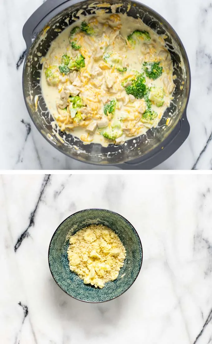 View of the mixed ingredients for the Chicken Divan and a small bowl with the prepared breadcrumb topping.