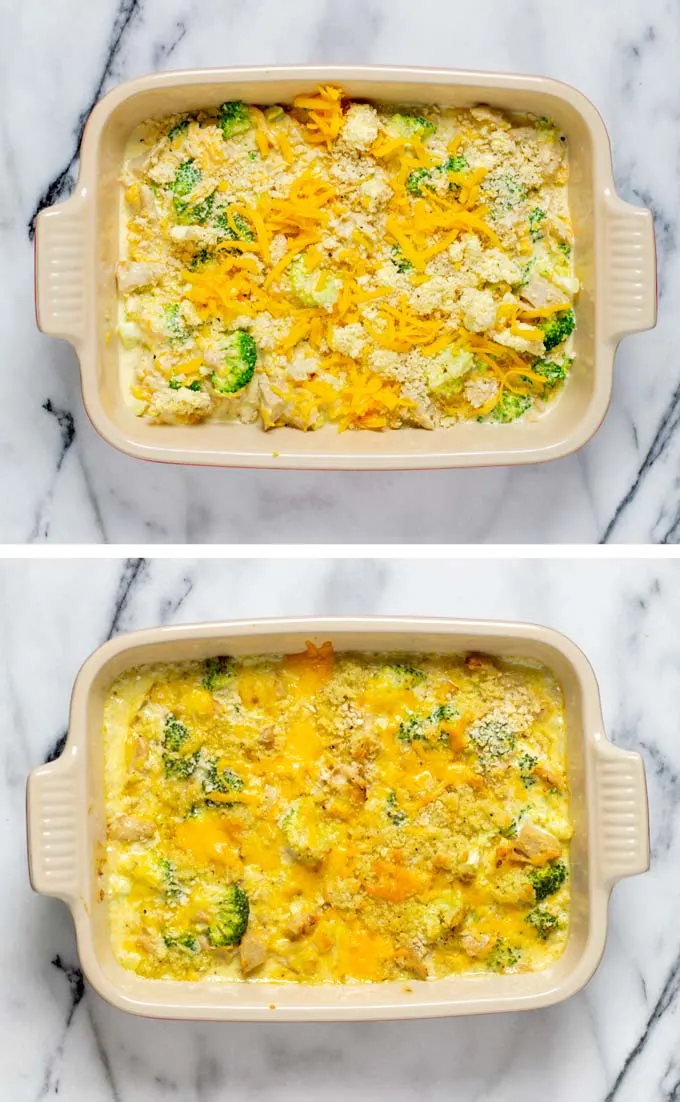 The Chicken Divan in a casserole dish before and after baking.