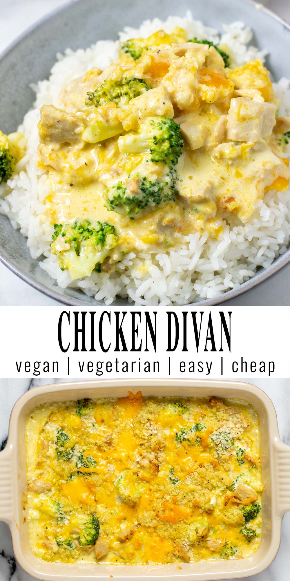 Collage of two pictures of the Chicken Divan with recipe title text.