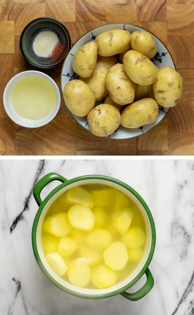 Ingredients needed to make the Country Potatoes are assembled on a wooden board.