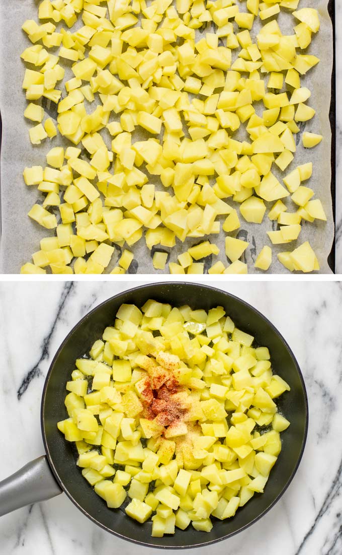 Precooked potato cubes are given to a frying pan with seasoning given over it.